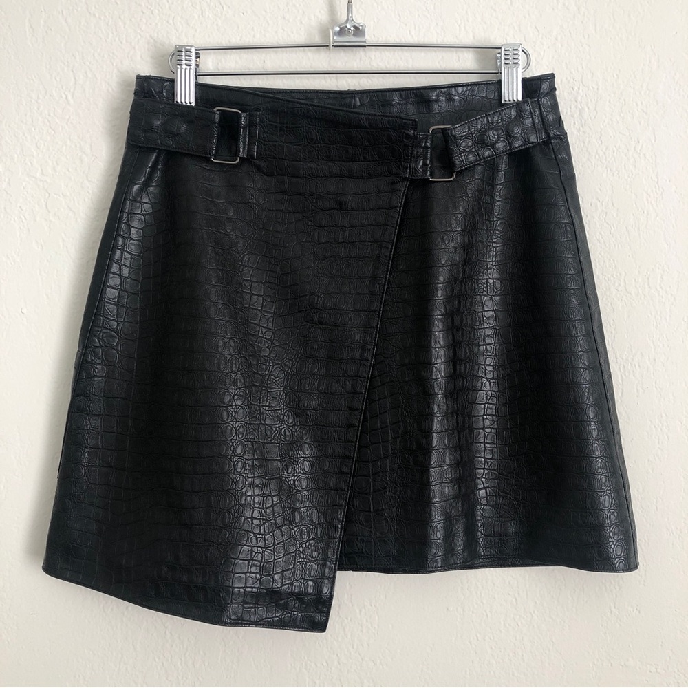 Asymmetrical Black Crocodile Embossed Faux Leather Wrap Miniskirt